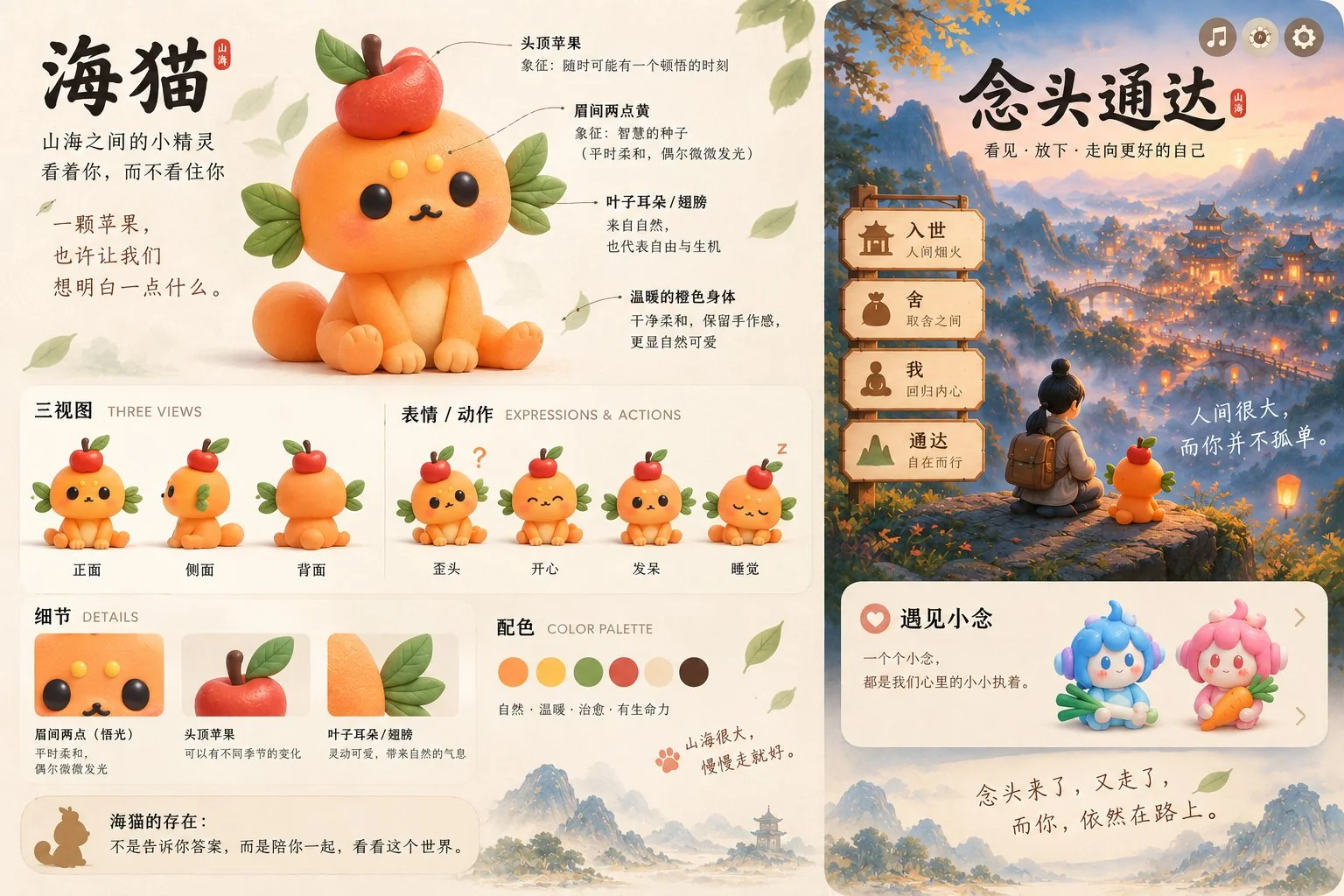 我们当时做游戏的草稿图：左边是海猫精灵的设定稿（头顶苹果、眉间两点黄、叶子耳朵、三视图、表情动作、细节与配色），右边是《念头通达》的早期画面