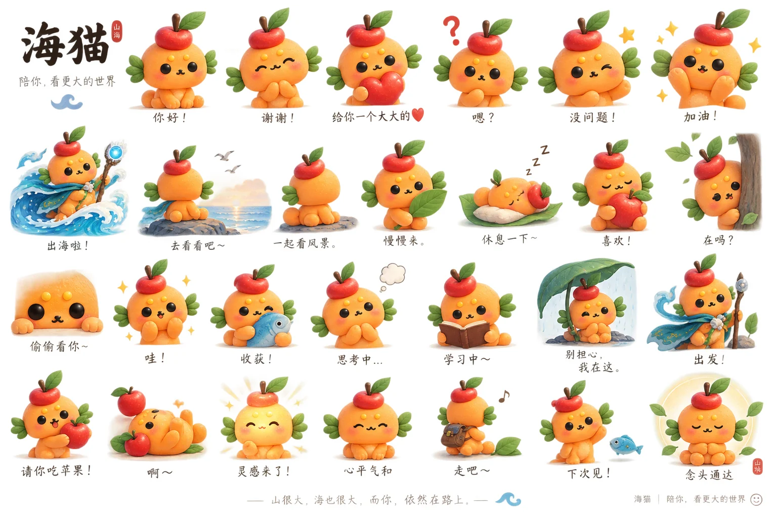 海猫精灵的整套表情与场景集合：你好、谢谢、出海啦、去看风景、慢慢来、休息一下、学习中、出发、请你吃苹果、灵感来了、心平气和、下次见、念头通达等