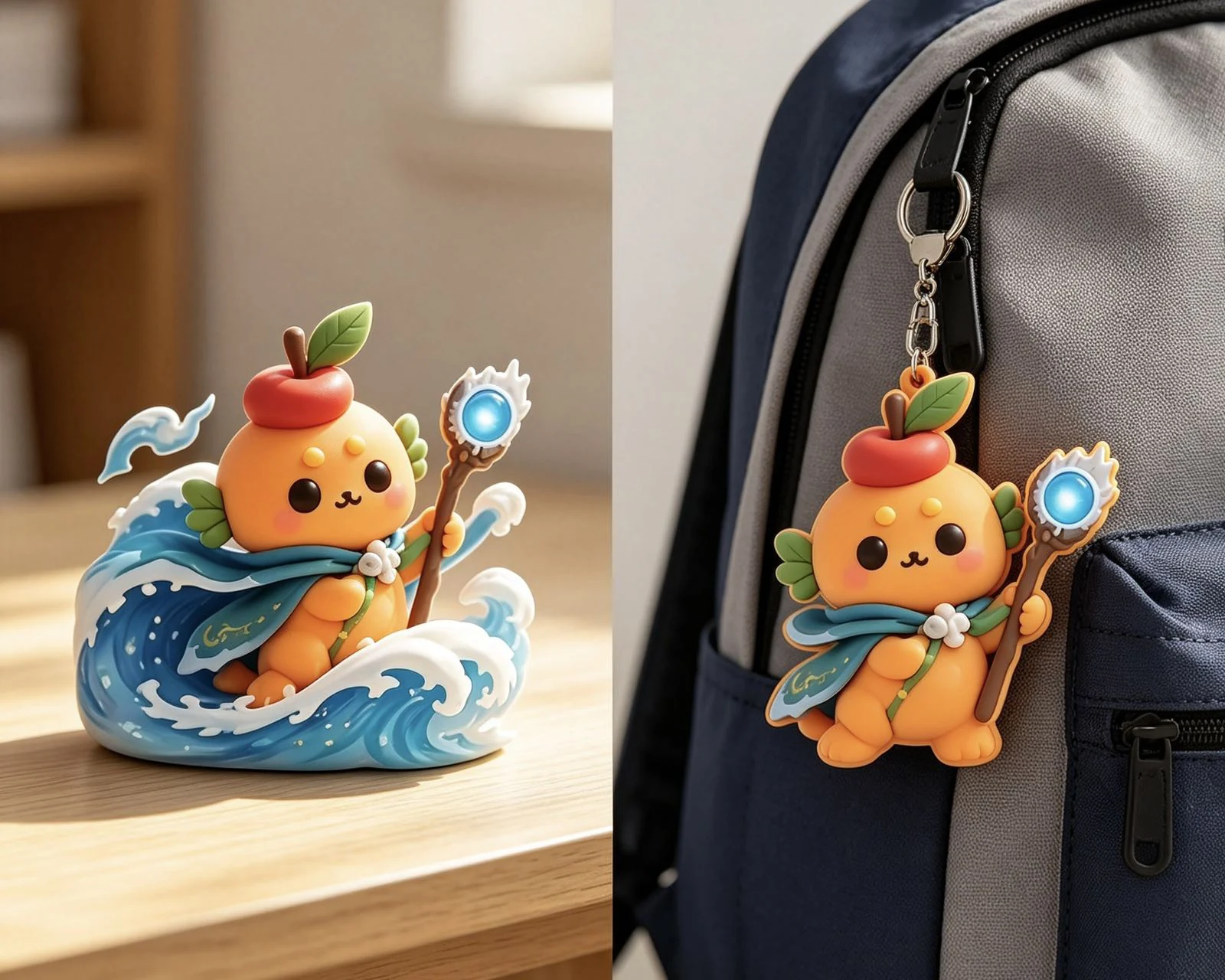 海猫精灵的两个样子：左边是摆在桌面上的小摆件，站在卷起的浪头上、手拿发光的小法杖；右边是挂在背包拉链上的小挂件。